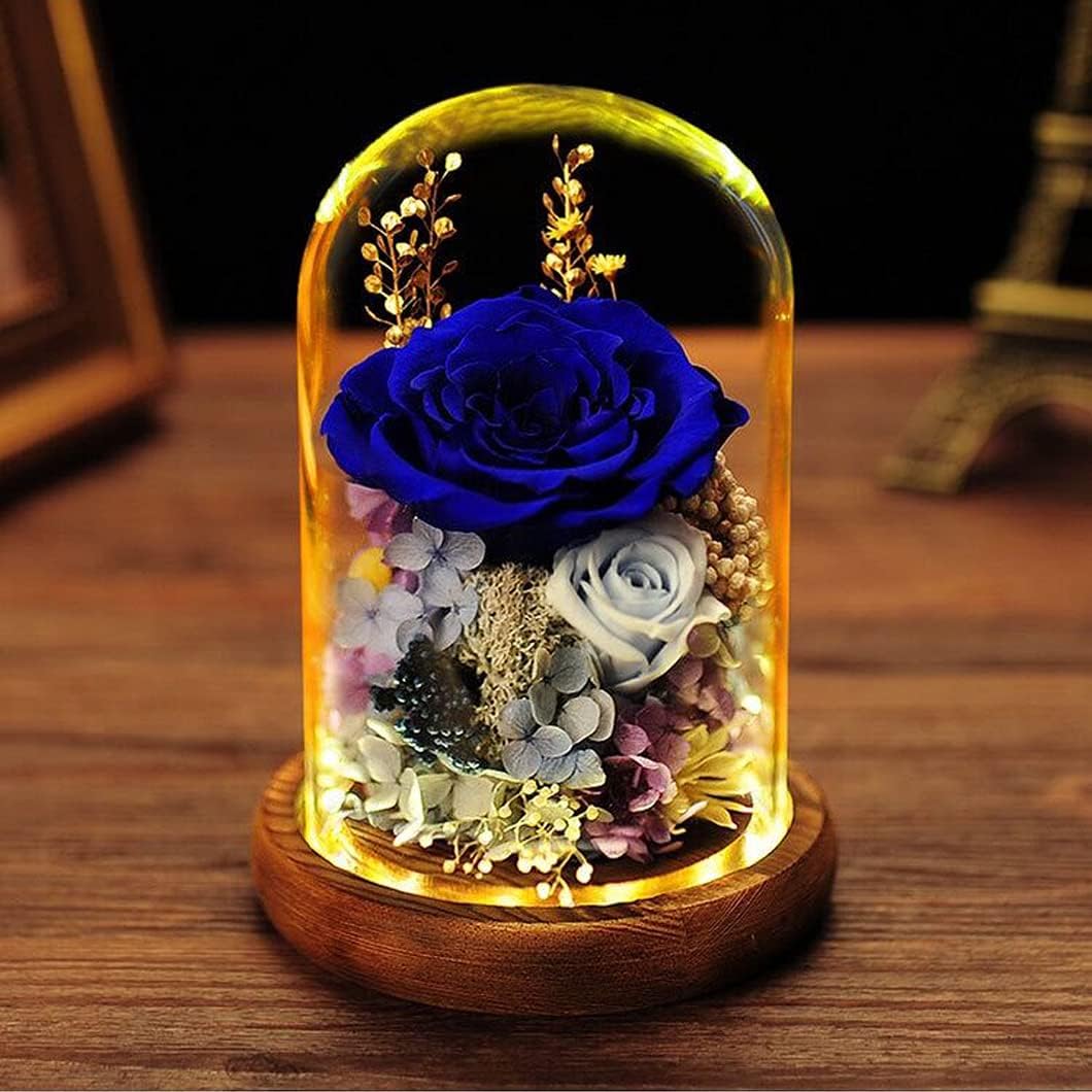 プリザーブドフラワー ガラスドーム ローズメリア 3輪 ブルー 青